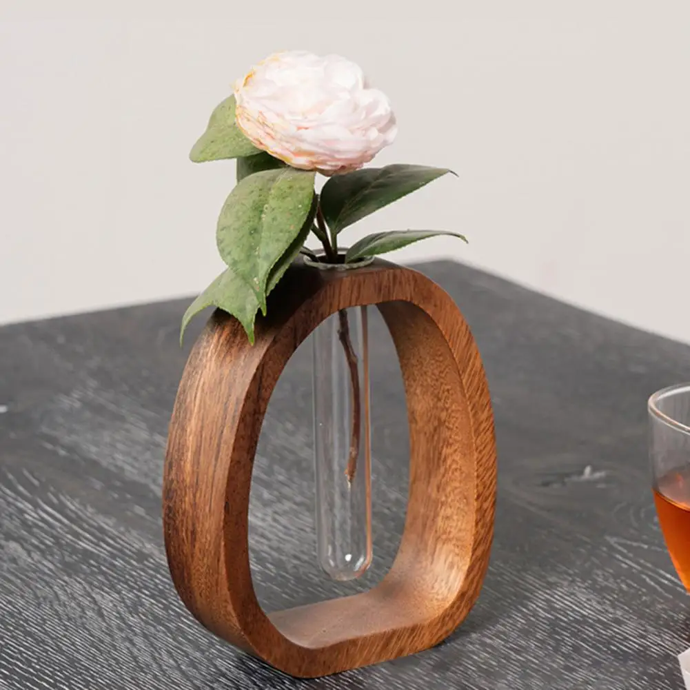 1 Set Vase Hydroponic Test Tube Shape With Wooden Stand Clear Flower Plants Vase Table Propagation Vase Home Desktop Decoration 2