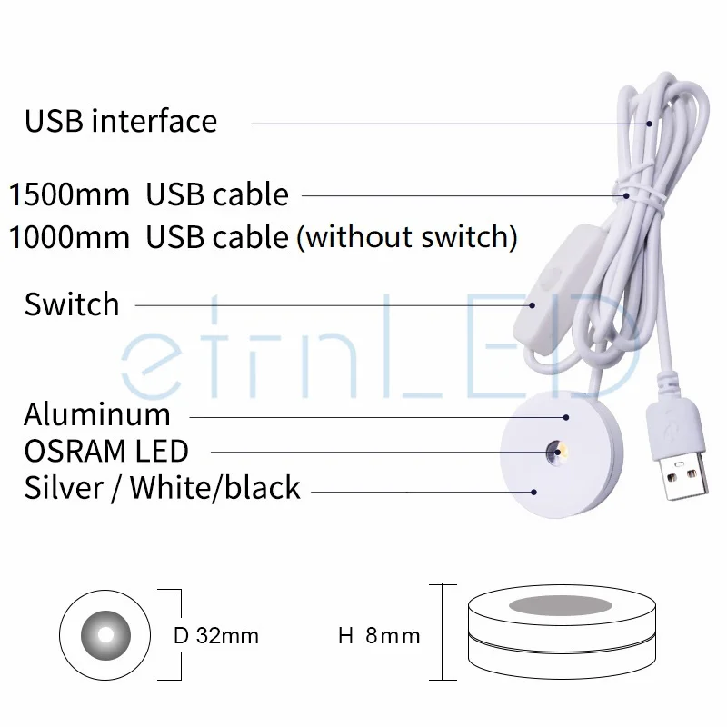etrnLED USB Led Light Mini Spotlight 5V Round Surface Mounted Cabinet Display Showcase Small Lamp Ceiling Spot Home Black White 2