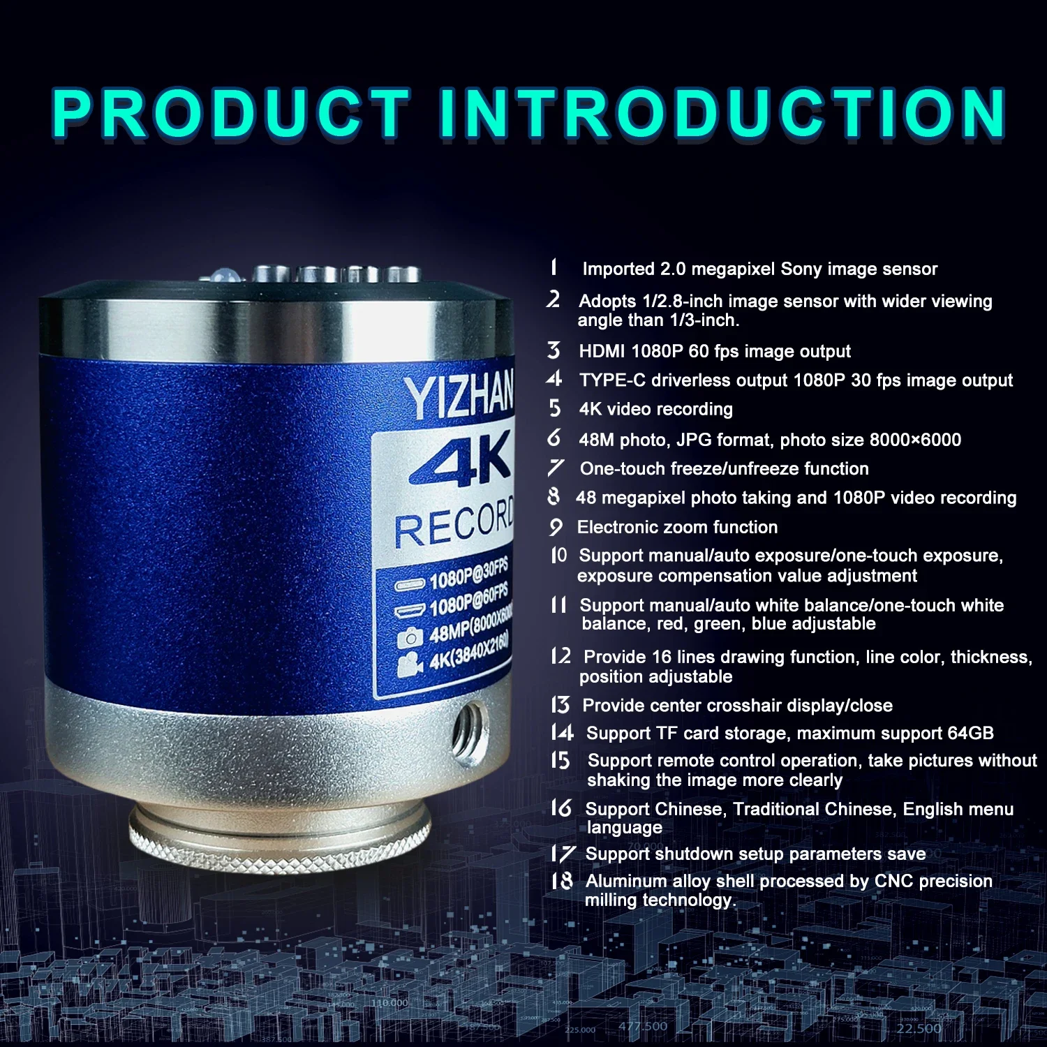 Ultra HD/4K high definition camera with 1/1.8 inch Sony 4K sensor, micro-SD card, HDMI, USB-3, LAN main image 1