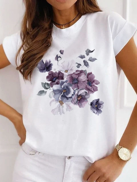 

Women's Cute Versatile 90's Cartoon O-neck Women's Flower Print Garment Watercolor Women's Shirt Fashion Print Women's T-shirt.