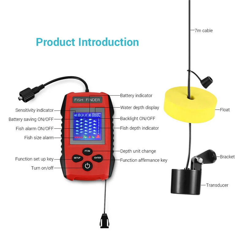 

100M Portable Sonar Fish Finder Alarm Sensor Transducer Fishfinders LCD Display IPX4 Waterproof 45 Degree Sonar Coverage