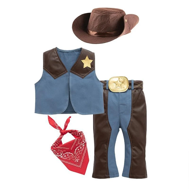 Kids Boys Western Cowboy Costume Suede Vest Hat Bandanna Cosplay