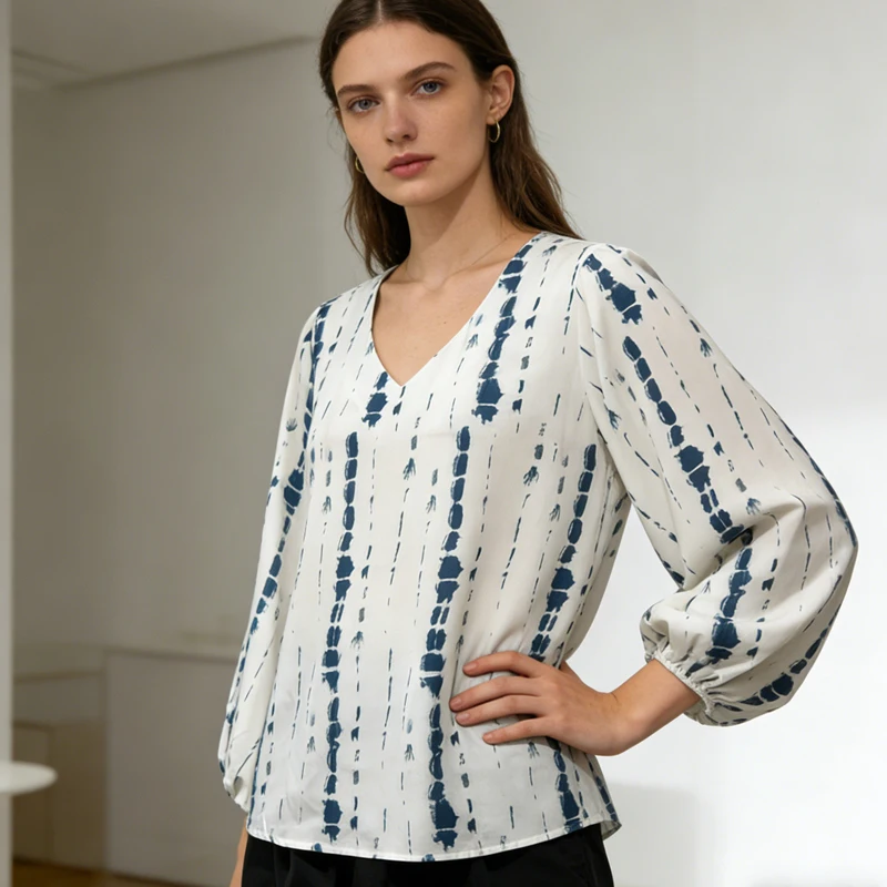 Elegant Long Sleeve V-Neck Blouse for Women Lantern Sleeve Sleeve Casual Loose Top Retro White and Blue Tie Dye Women's Shirt
