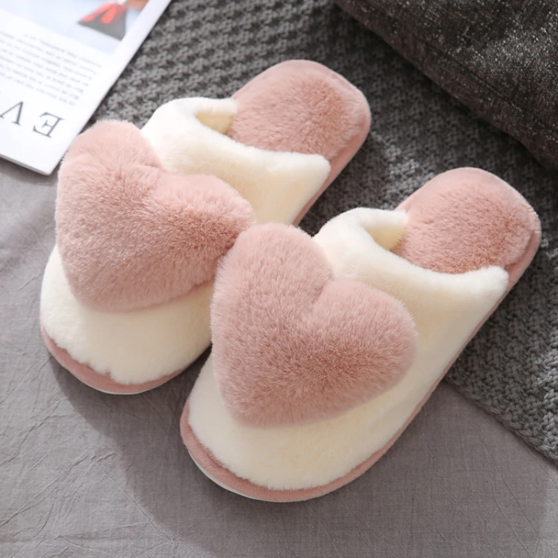 Autumn Winter Women Heart Shaped Home Slippers Ladies Fashion Indoor Warm Fluffy Slides Females Cute Casual Non-slip Plush Shoes 6