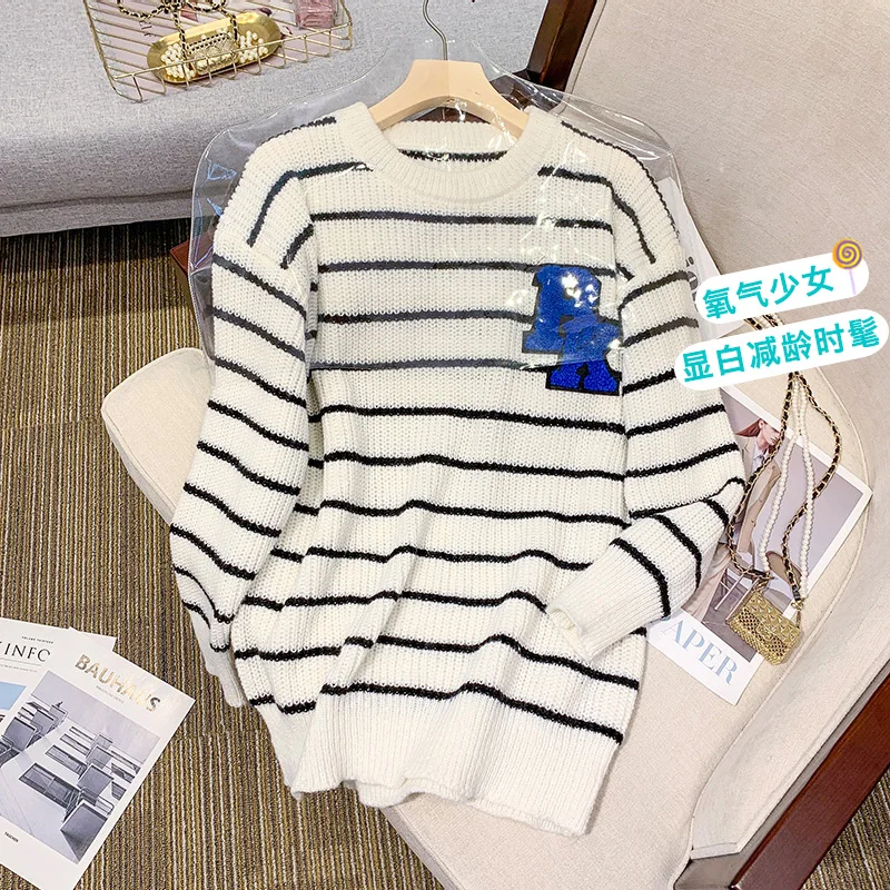 

Женский белый вязаный пуловер на осень и зиму, корейская мода, винтажный полосатый Свободный Повседневный свитер с буквенным принтом, топ оверсайз Y2k