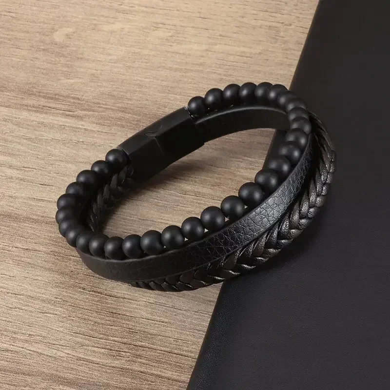 Vintage Punk Hand Woven Three Layer Leather Black Beaded Bracelet Magnetic Bracelet Clasp Men\'s Charm Business Event Jewelry 5