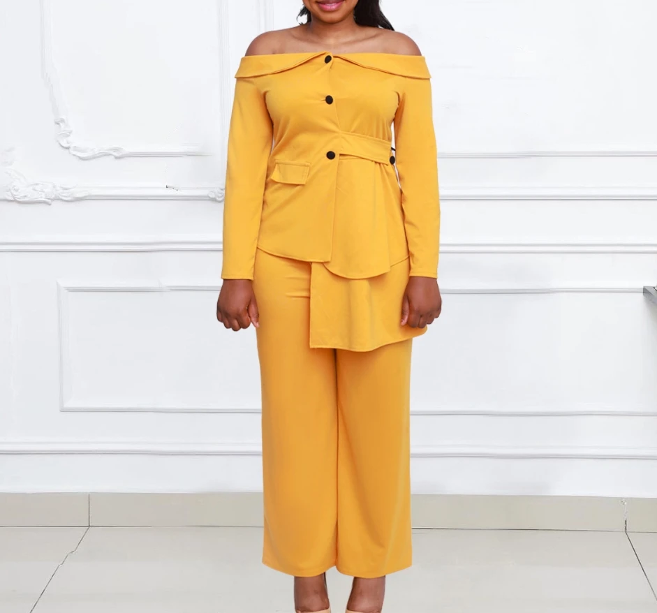 Women's Elegant Two-piece Set Solid Color Buttons Straps Waistband Off the Shoulder Jacket Top High Waist Wide Leg Pants Set 2021 lemon yellow prom dress tulle with hearty a line sweetheart bow knot straps buttons ankle length formal evening party gowns