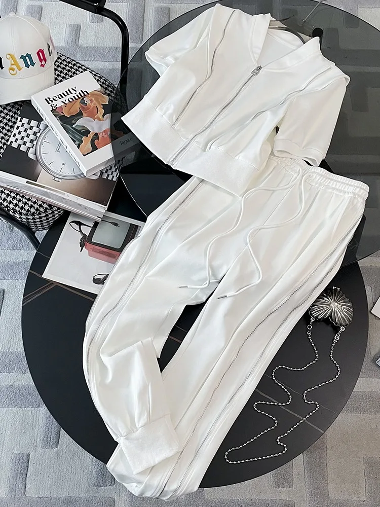 

2-Piece Tracksuit Set for Women Short Sleeved V-neck Zipper Tops Elastic Waist Casual Pants Fashion Suit Summer 2023