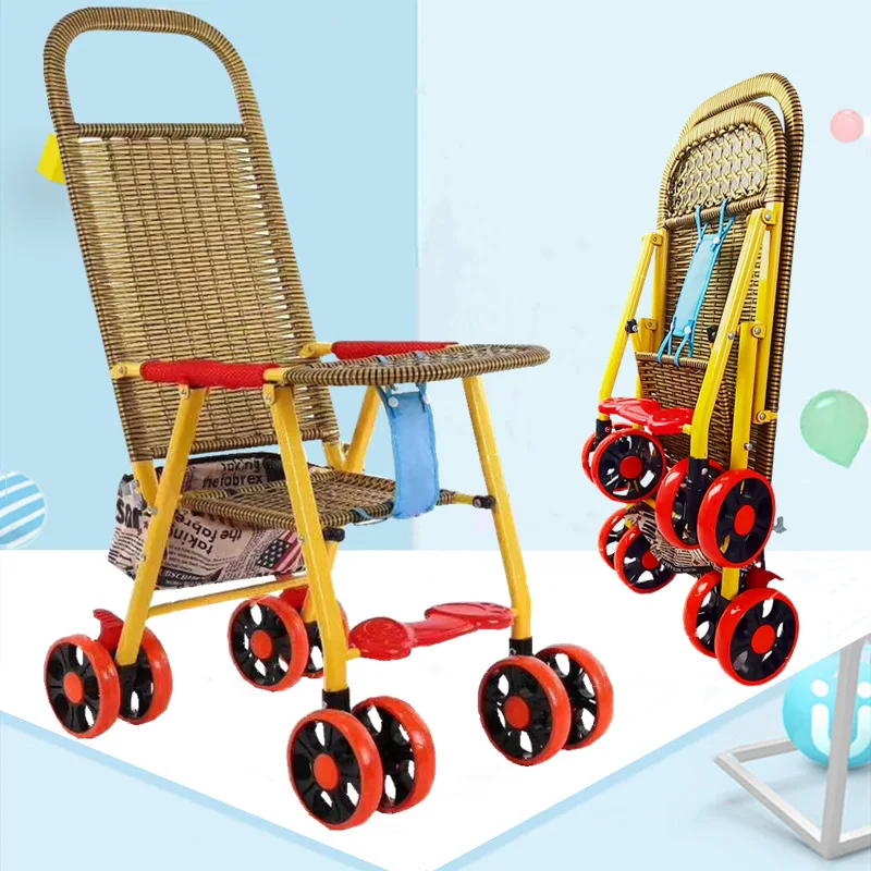 Baby Summer Lightweight Trolley Portable Eco-Friendly Weave Rattan Kid Trolley Can Folding Bamboo Chair Travel Child's