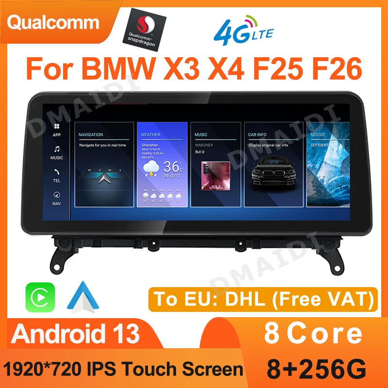 

12.5" 8 Core 8+256G Qualcomm Android 13 Carplay Screen For BMW X3 F25 X4 F26 Multimedia Video Player Bluetooth GPS Navigation 4G