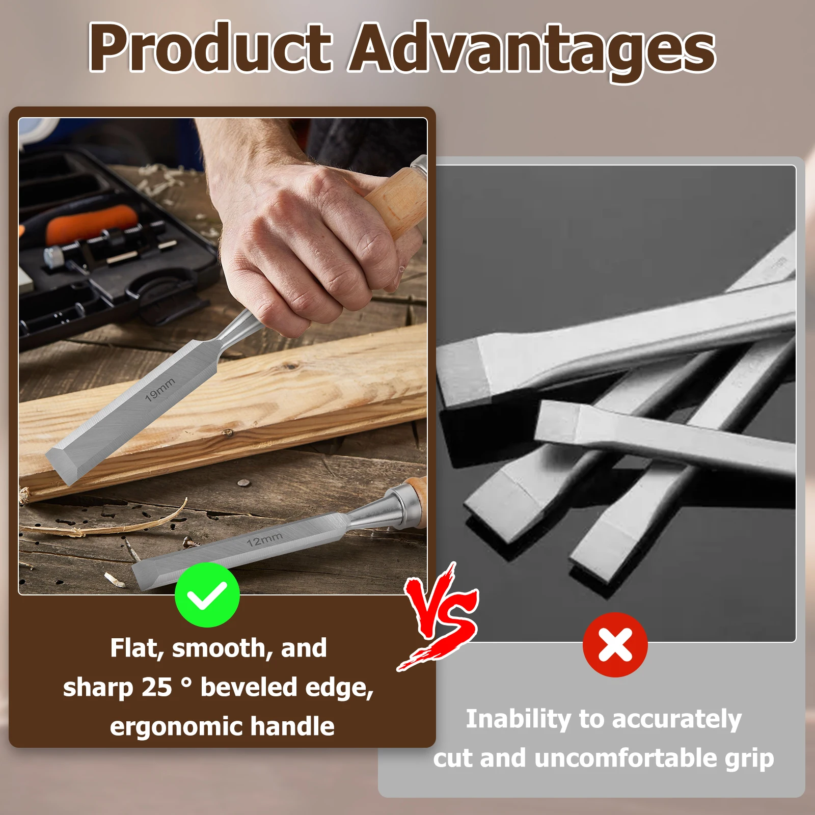 4Pcs Wood Carving Chisels Set Sharp Chrome-Vanadium Steel Wood Carving Chisels with Beech Handles Ergonomic Wood Carving Tools