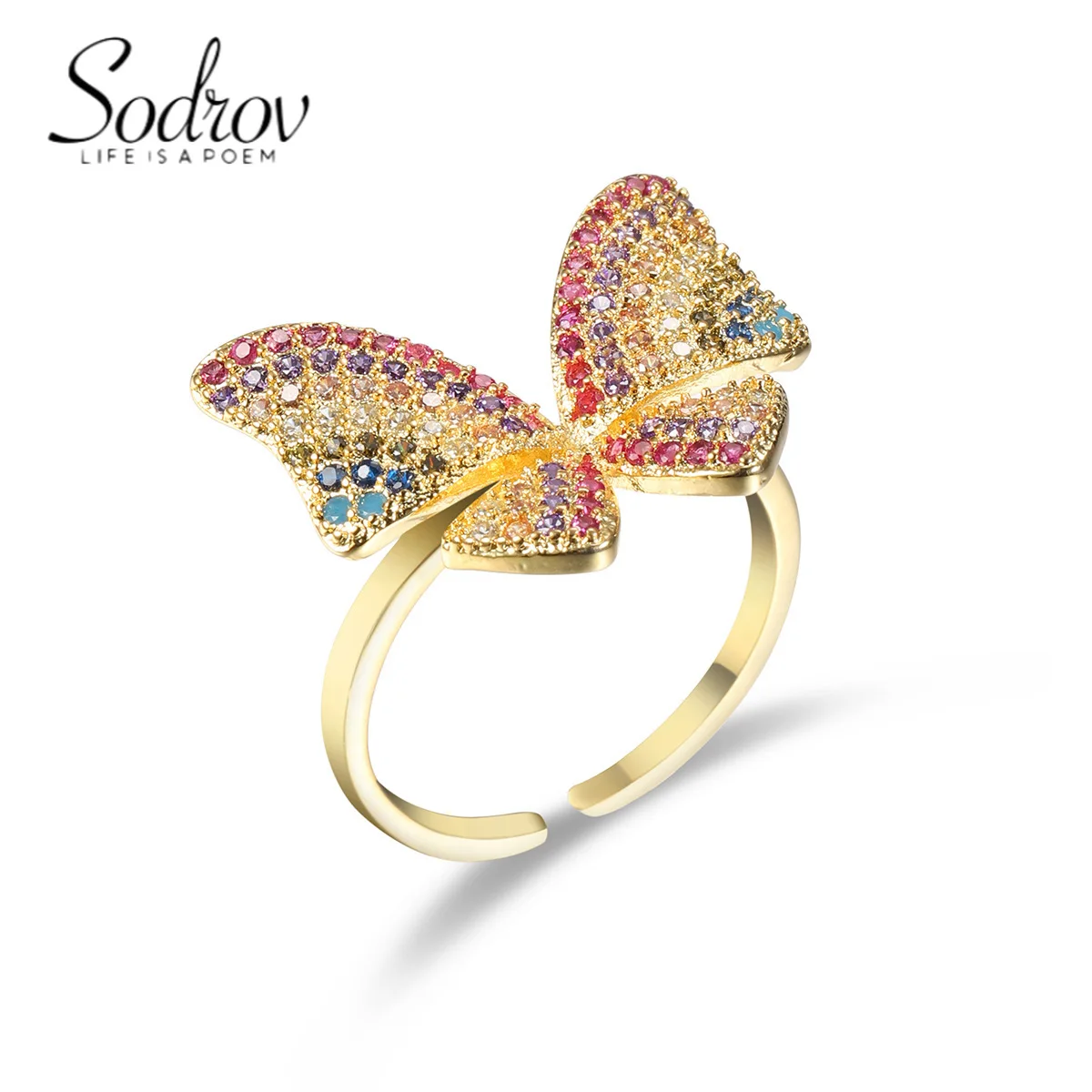 

SODROV Gold Color Luxury Rainbow Jewelry Big Colorful Zircon Butterfly Rings for Women Engagement Wedding Open Ring Gift