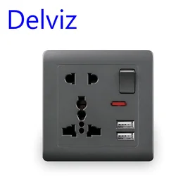 Delviz Multi - Functional Wall - Mounted USB Charging Outlet - Dual 2.1A Ports, Universal 5 - Hole Design - Gray (Single socket)