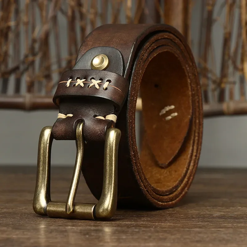 

Buckle Men Male Genuine Strap Brass Luxury For Belt Pin Leather Quality High Jeans Cowskin Man 3.8CM Vintage Pure Designer Belts