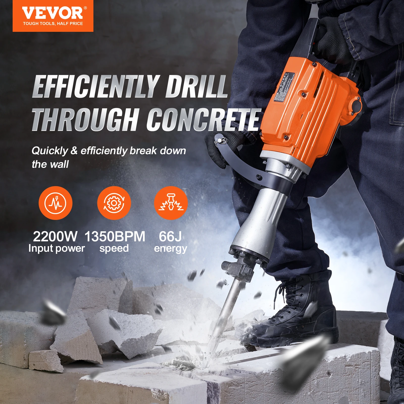 VEVOR Demolition Jack Hammer, 2200W Electric Jackhammer Heavy Duty, 1350 BPM Concrete Breaker, 2pcs Chisels Bit Chipping 2