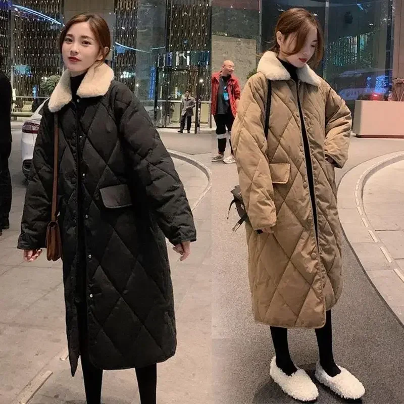Korean Long Jacket for Women Plaid Women's Jacket Women's Down Jacket Loose Feather Coats Casual Winter Down Coats Thick Coats