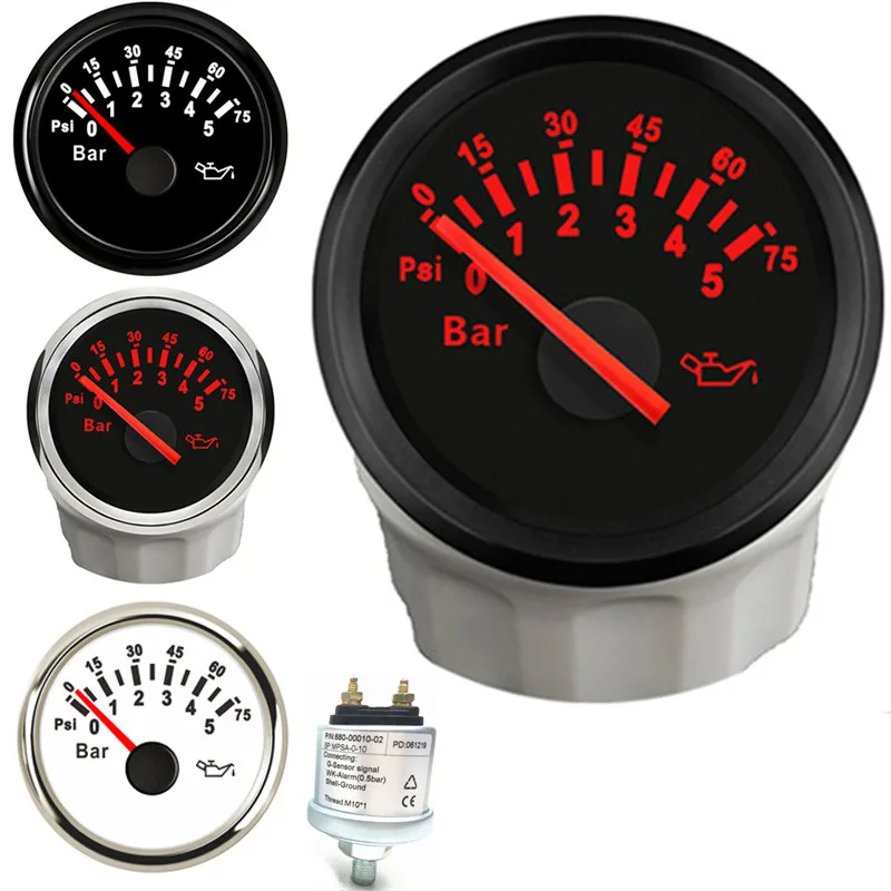 

52mm Auto Oil Pressure Gauges 0-5bar 0-10bar Mechanical Oil Pressure Sensors M10x1 NPT1/8 Sending Unit 6-24v for Car Boat Vessel