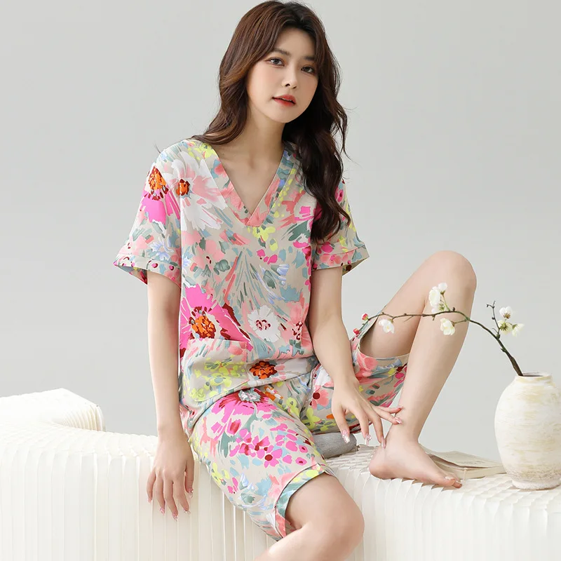 Women's Pajamas Sets 2-piece Sleepwear Lounge Sleep Set Soft Short Sleeve Tops with Pocket and Fifth Pants Knee Length Pjs Set