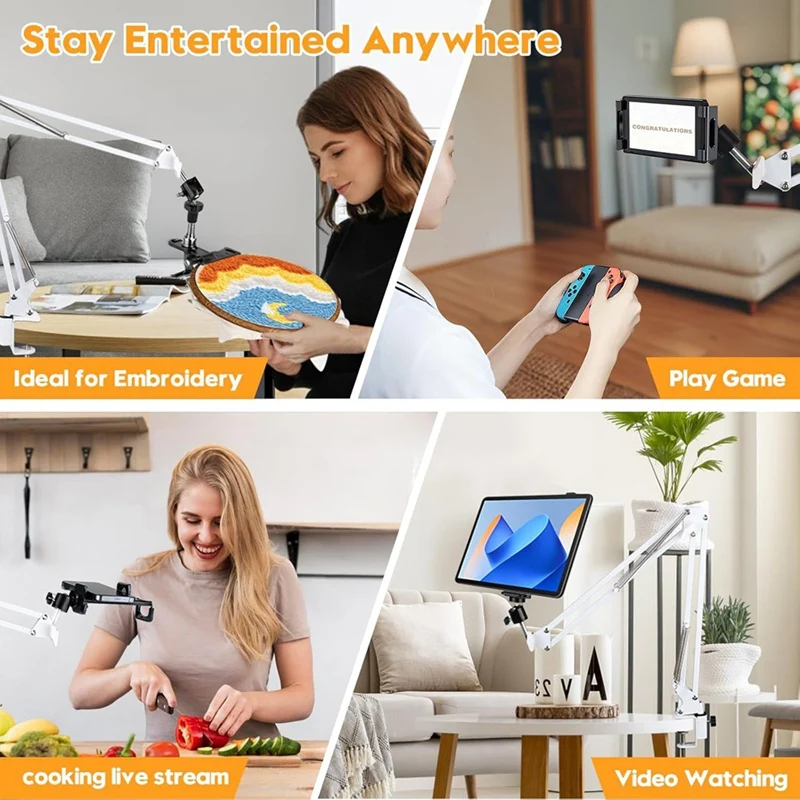 A69E-White Adjustable Embroidery Hoop Stand For Handwork, 3 In 1 Hoop/Tablet/Phone Holder Desktop Stand, Needlework Frame