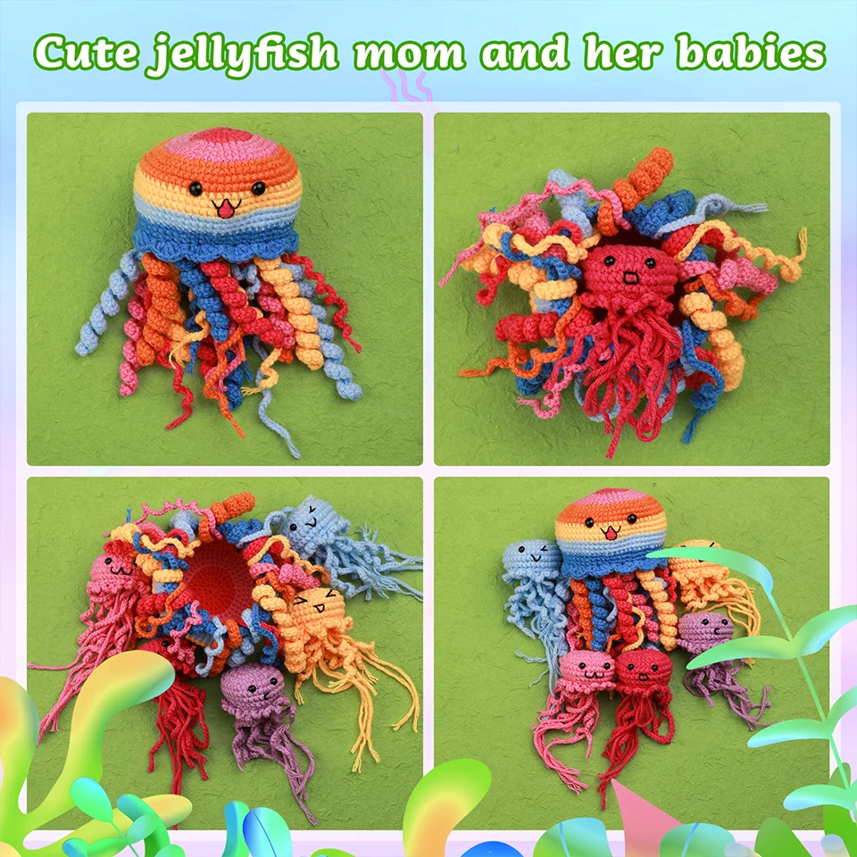 6Pcs Jellyfish Crochet Material Package with Step-by-Step Video Tutorials Unfinished Crochet Animal Kit for DIY Craft Beginner