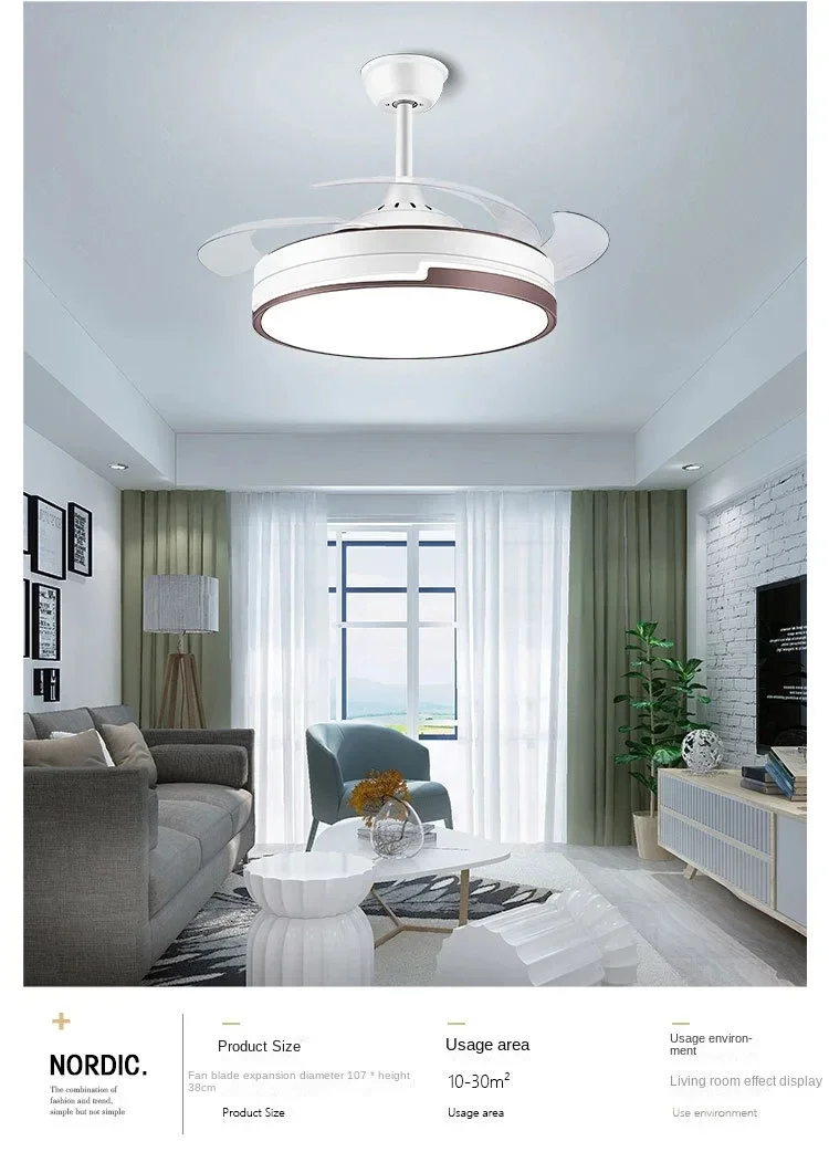 All copper Led Ceiling Fan With Energy-saving Lighting, Modern Style Living Room Invisible Ceiling Fan, Household 6-speed Variab