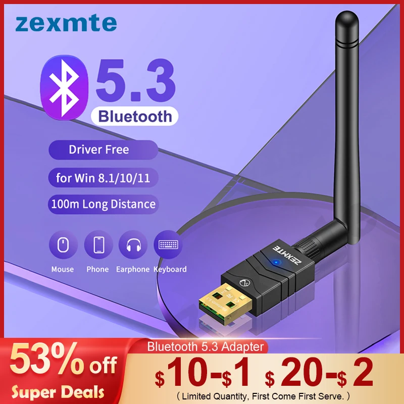 Adaptador Dongle Bluetooth Zexmte-usb 180m 5.3 5.1 5.1 Adaptador para Windows 11 e 10 Mouse Teclado Receptor de Áudio Transmissor