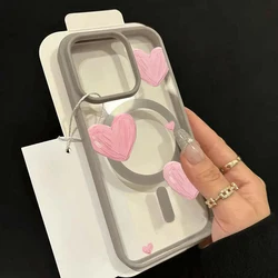 Hand - Painted Pink Heart Magnetic Phone Case with Bumper Cover - iPhone 15 Plus (Gray)