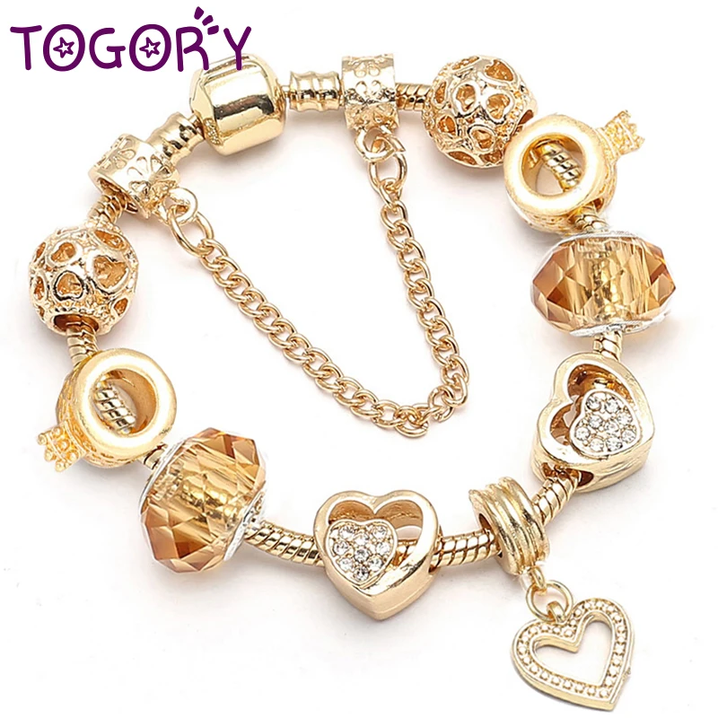 

TOGORY Dropshipping Gold Color Heart Pendant Charm Bracelet Hollow love Beads Brand Bracelets & Bangles For Women Lover Jewelry