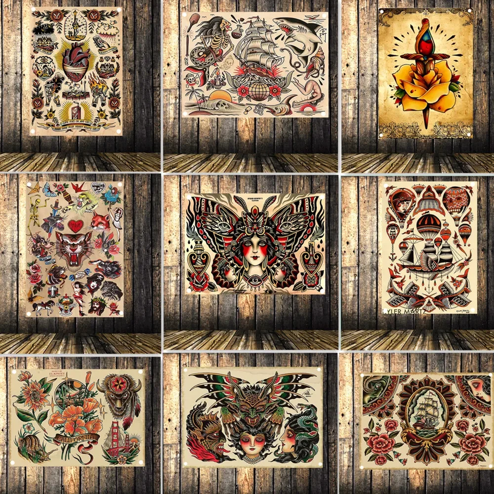 

Vintage Creative Tattoo Art Poster Wall Hanging Flag Tapestry Old School Tattoo Designs Poster Home Decor Banners Wall Painting