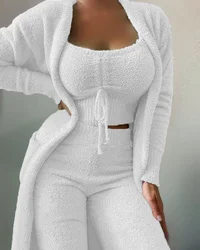 IOOTIANY Warm Soft Fleece Homewear Pyjamas S-3XL Autumn Winter Women's Velvet Pajamas Set Crop Top+Long Pants+Coat 3 Pieces Suit
