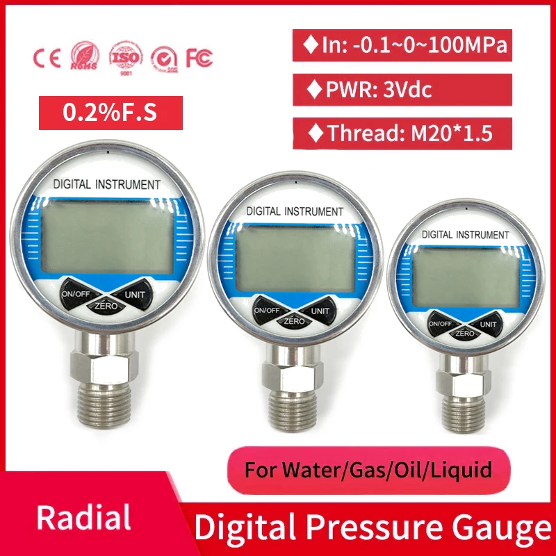 

0.2%FS High Accuracy Digital Water Pressure Gauge NPT1/2 G1/4 Digital Pressure Indicator Gage Meter Digital Manometer 0-100MPa