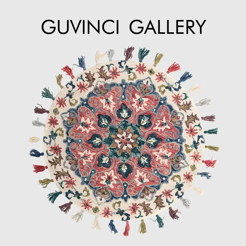 GUVINCI 모로코 기하학 모던 지역 러그, 울 질감, 보헤미안 에스닉 스타일 카펫, 거실용 원형 바닥 매트