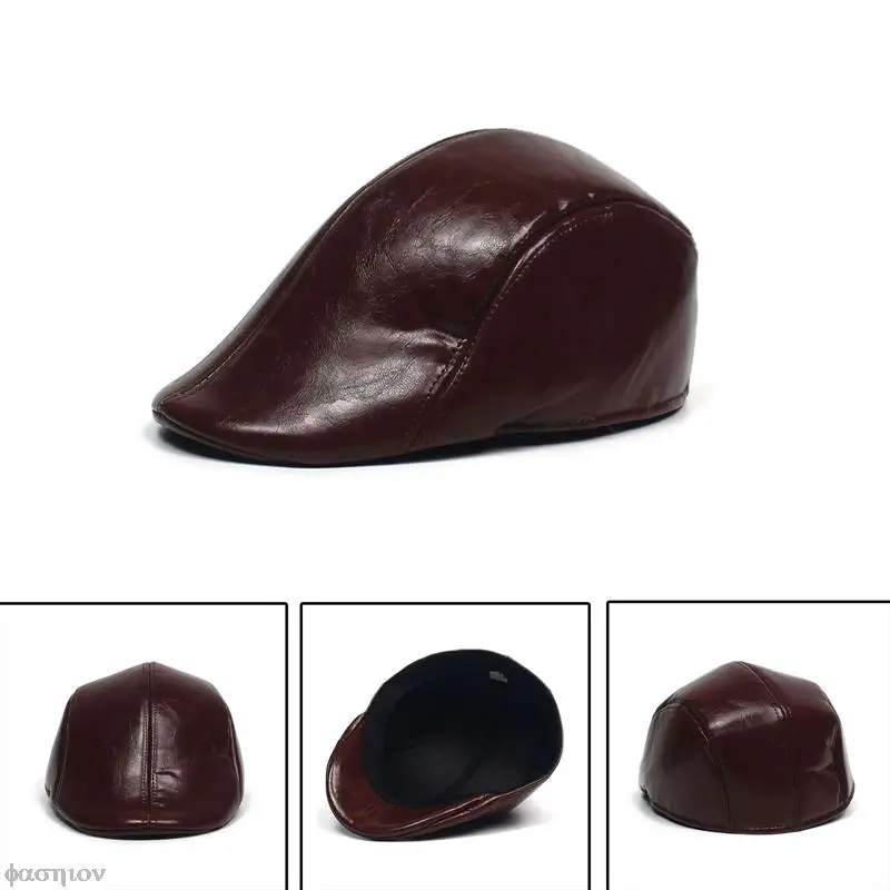 Man Berets Leather British Vintage Flat Caps New Male Solid Gray Black Spring Autumn Winter Adjustable Driver Hats 6