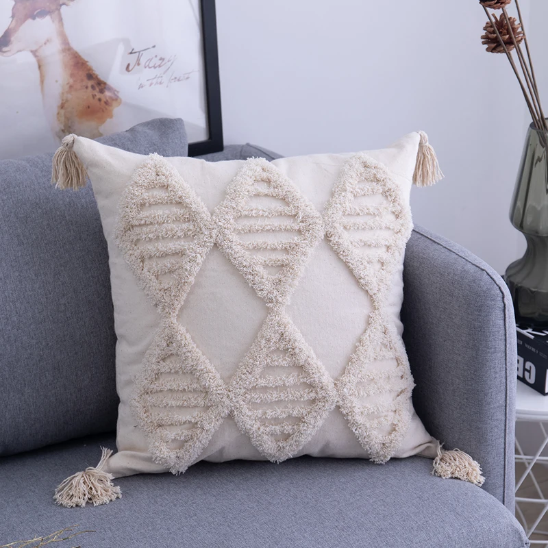 Simple Tufted Cushion Cover Geometric Rhombus Wave Big Tassel Pillowcase Hand-tufted and Crocheted Decorative Sofa Pillow Cover