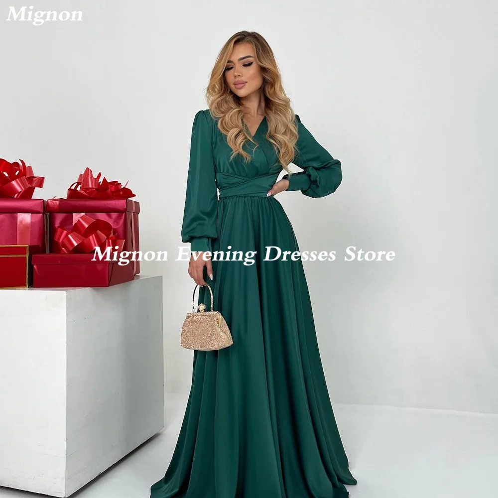 

Mignon Satin A-line V-neck Ruffle Formal Prom Gown Floor Length luxury Evening Formal Elegant Party Dress for Women 2023