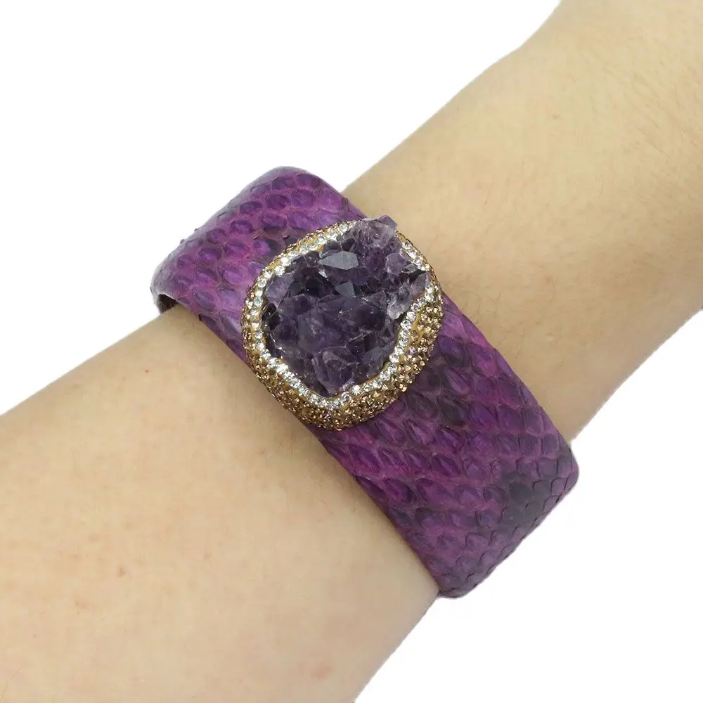 

Natural Golden CZ Druzy Amethyst Purple Leather Bangle Fashion Bracelet Handmade For Lady