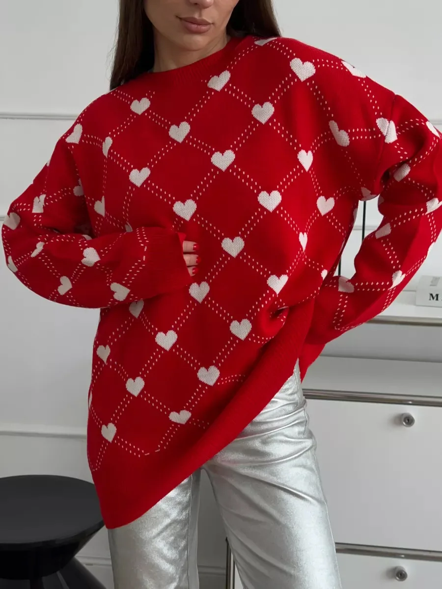 Autumn Printed Knitwear Pullover For Women Casual Patchwork Long Sleeve Contrast Loose Top Clothes Female Knit Pullover