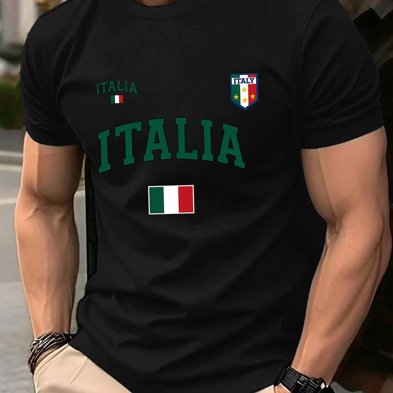 Herren-T-Shirt aus reiner Baumwolle mit italienischem Flaggen-Emblem-Muster, lässiges Rundhals-Kurzarm-Street-Top – Detail 2