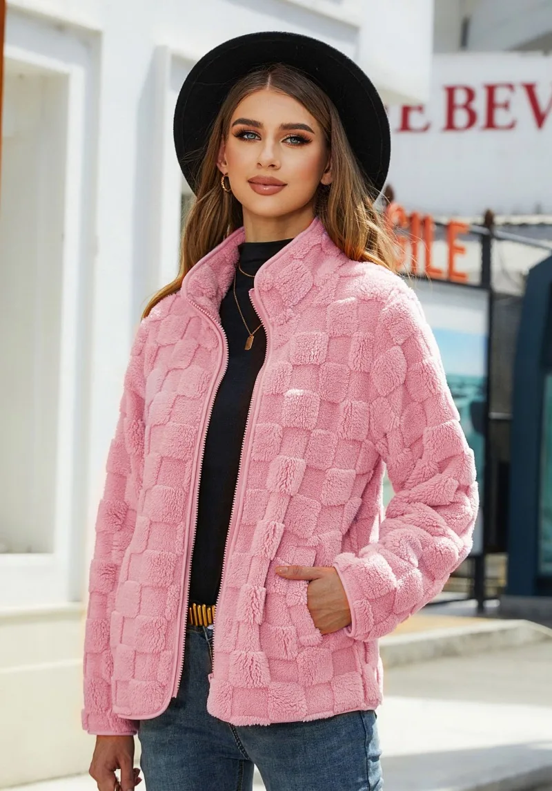 2023 Autumn/Winter New Women's Long Sleeve Cardigan Zipper Loose Solid Casual Versatile Checkered Plush Warm Coat for Women