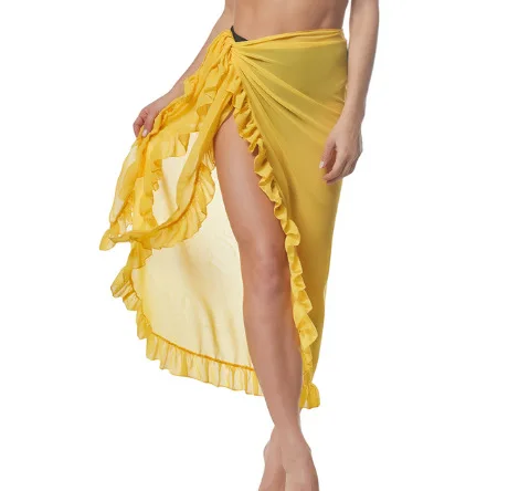 New Fashion Women Summer Chiffon See-Through Beach Bikini Cover Up Wrap Scarf Swimwear Skirt Solid Ruffle Casual Beach Skirt