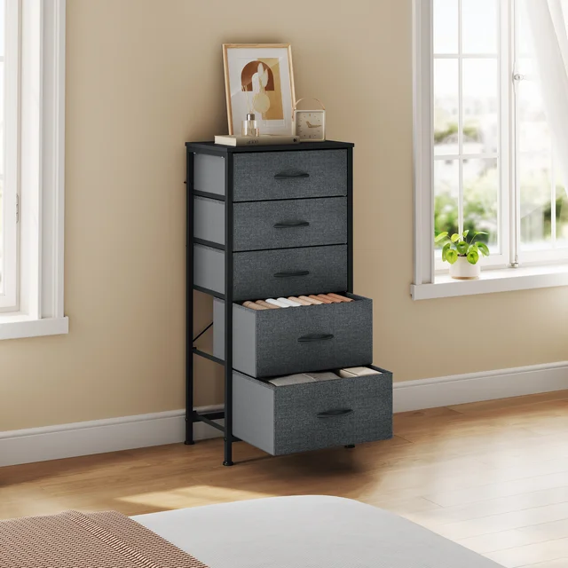 Woltu Chest of Drawers with 5 Drawers Sideboard with Fabric Drawers Narrow Cabinet Unit for Bedroom Kitchen Office Living Room