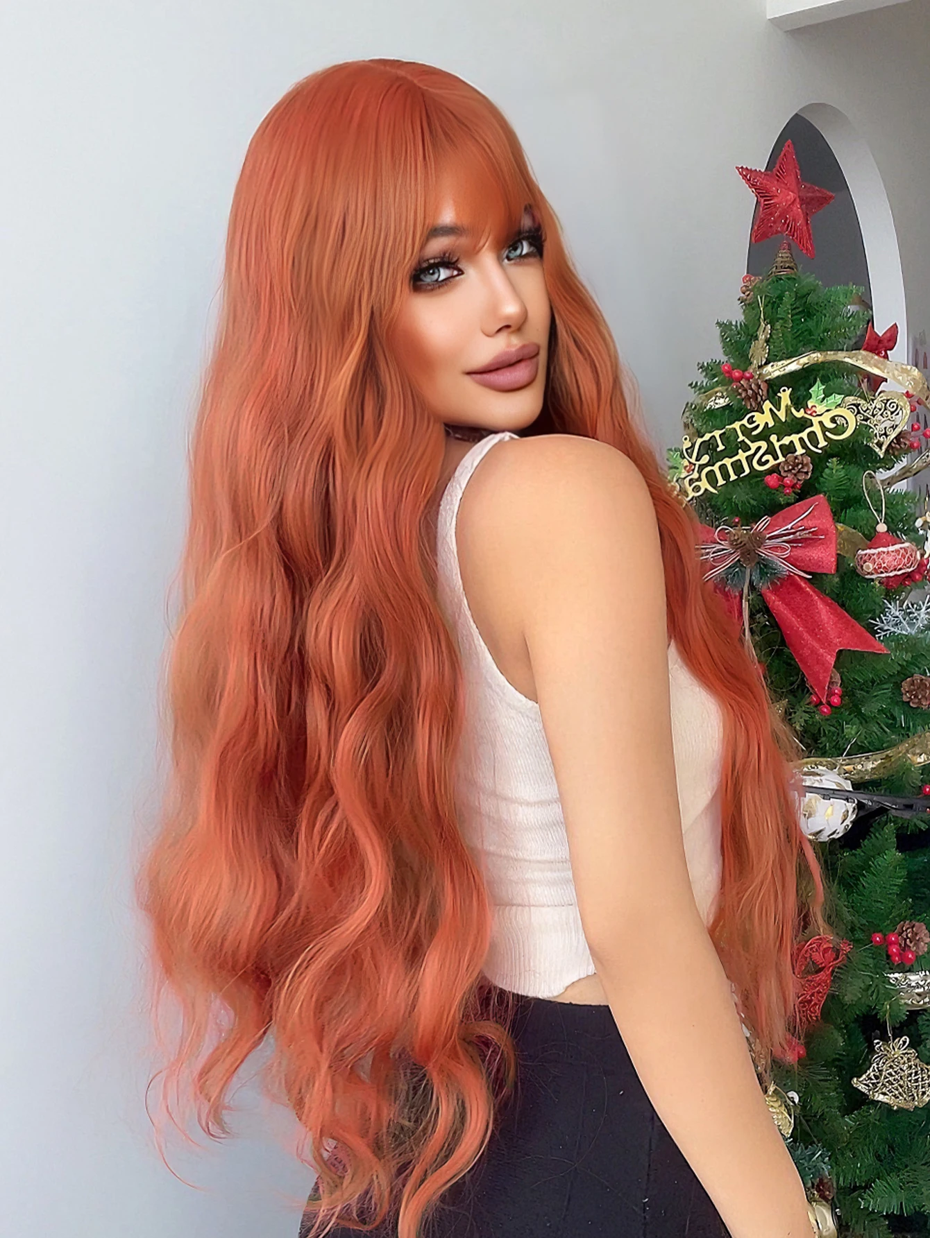 

30Inch Tangerine Color Synthetic Wigs With Bang Long Natural Wavy Hair Wig For Women Cosplay Drag Queen Party Heat Resistant