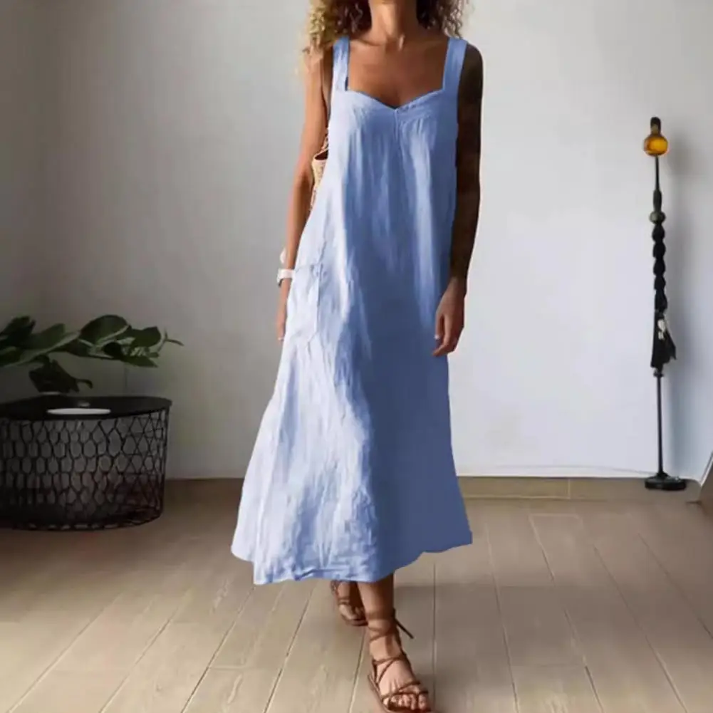 

Lady Summer Dress Low-cut Sleeveless A-line Big Swing Loose Bohemian Backless Vacation Beach Style Mid-calf Length Midi Dress
