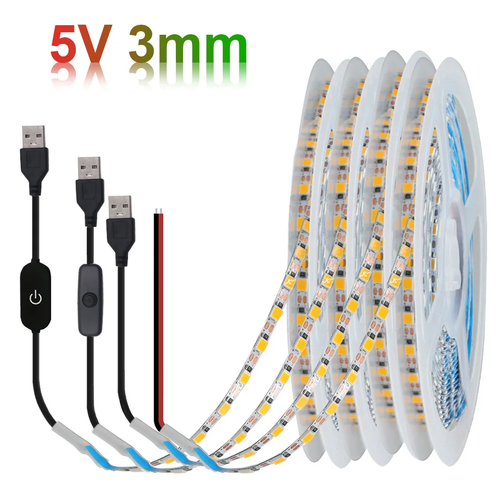

3mm PCB 5V USB LED Strip Light 2835 120LED/m Dimmable Flexible Led Tape Lighting Warm Natural White 0.5m 1m 5m Home Decoration