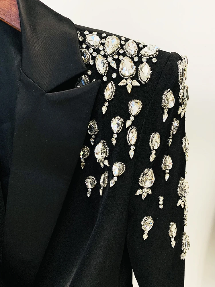 HIGH STREET New  2024 Designer Jacket Autumn Winter Fashion Women's Double Breasted Rhinestone Diamonds Beaded Long Blazer Dress