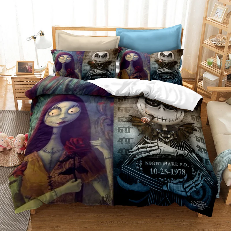 thumbnail image 1 of Disney-funda nórdica pesadilla antes de Navidad con funda de almohada, juego de cama Jack y Sally, 3D, Calavera, dibujos animados, adultos, niños, decoración de dormitorio, 1 of 5