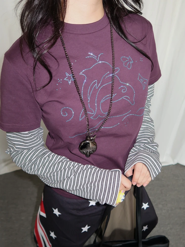 Tonngirl Y2k Vintage T-shirt Women Long Sleeve Patchwork Japanese 2000s Grunge Tops Streetwear American Retro Print Graphic Tops 2