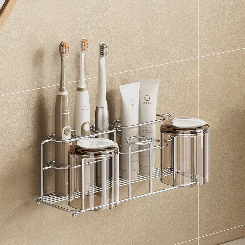 Stainless Steel Toothbrush Storage No Drilling Bathroom Wall Mounted Toothpaste Rack Wall Mounted Mouthwash Cup Storage Rack