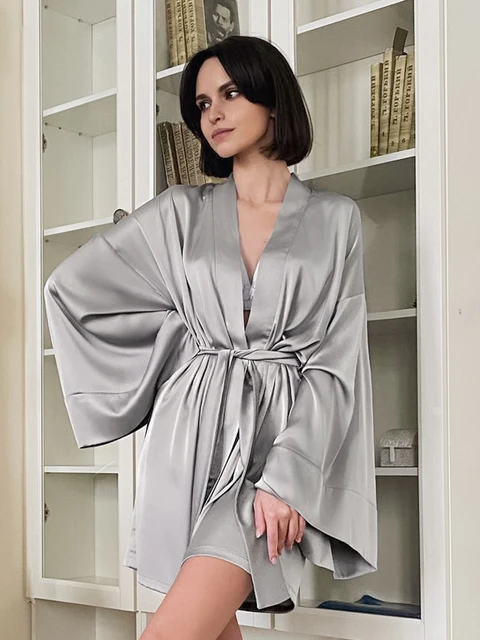 Solid Satin Night Robe Sexy V Neck Short Sleeve House Robe Temu