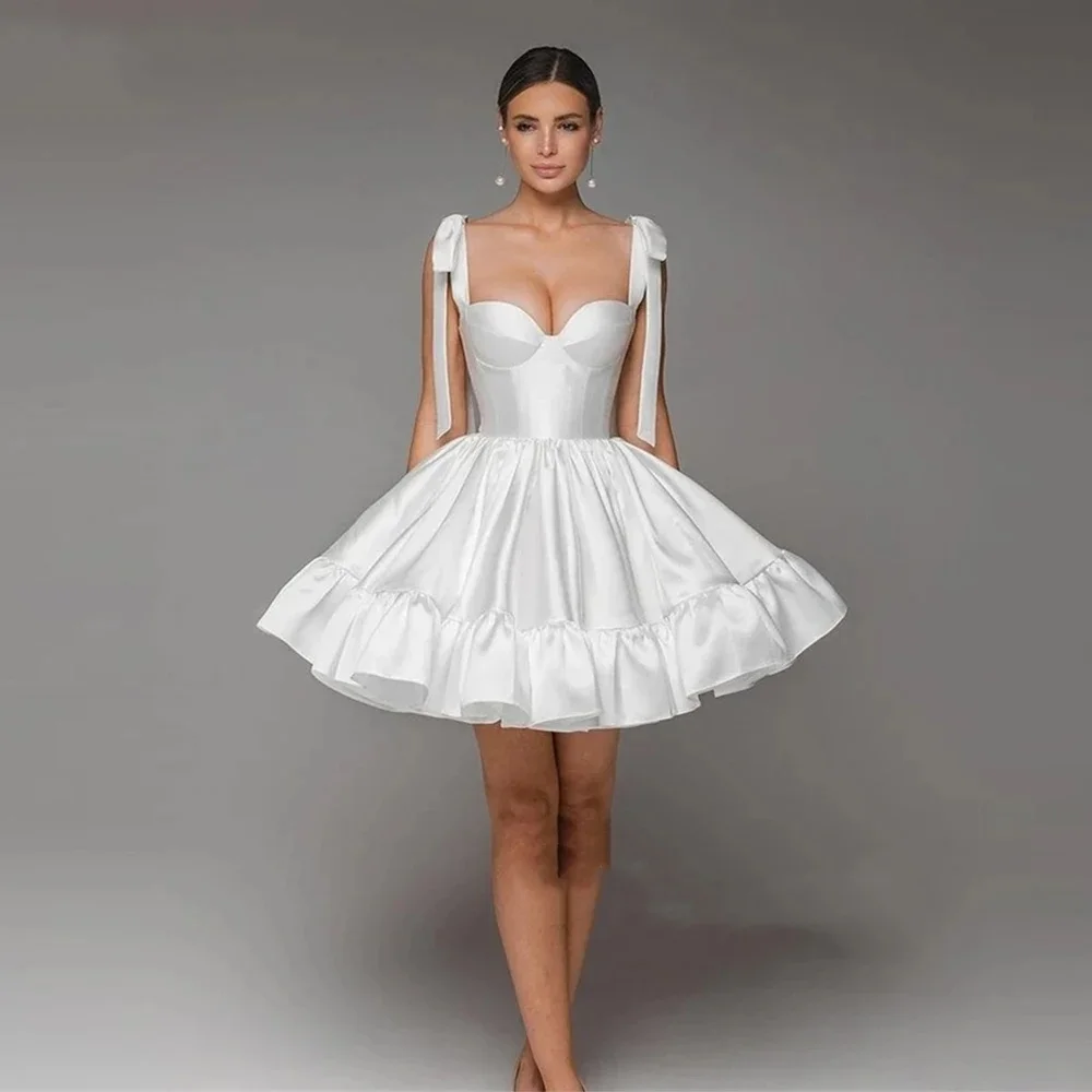 

OTHRAY Bow Elegant White Short Prom Dresses Sweetheart A-Line Evening Dresses Homecoming Dresses Pleats Party Gowns Simple